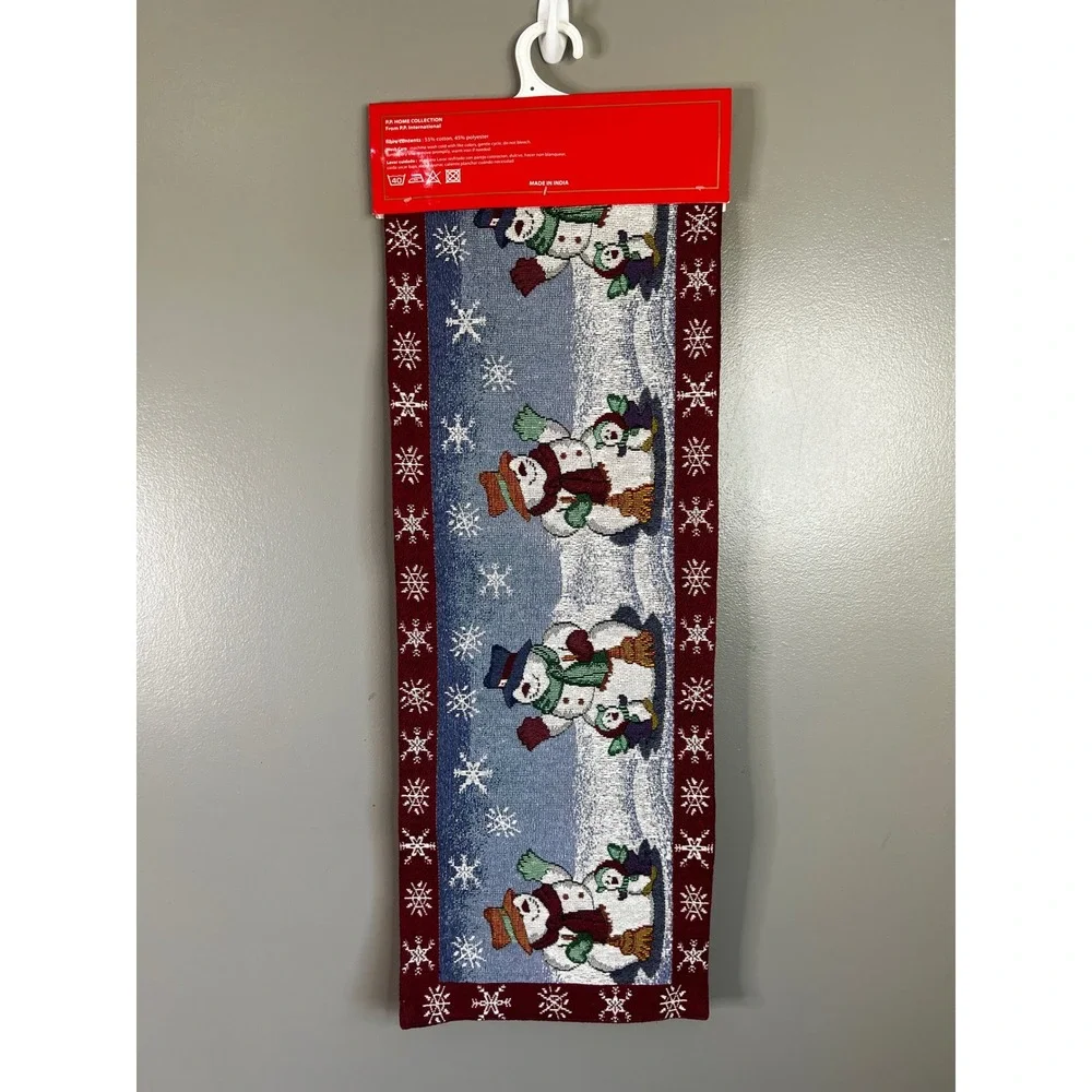 PP Home Collection Snowman Tapestry Table Runner 13x72 Burgundy Blue Christmas